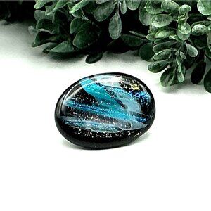 Handcrafted Dichroic Glass Oval Brooch Pin With Blue and Gold Accents